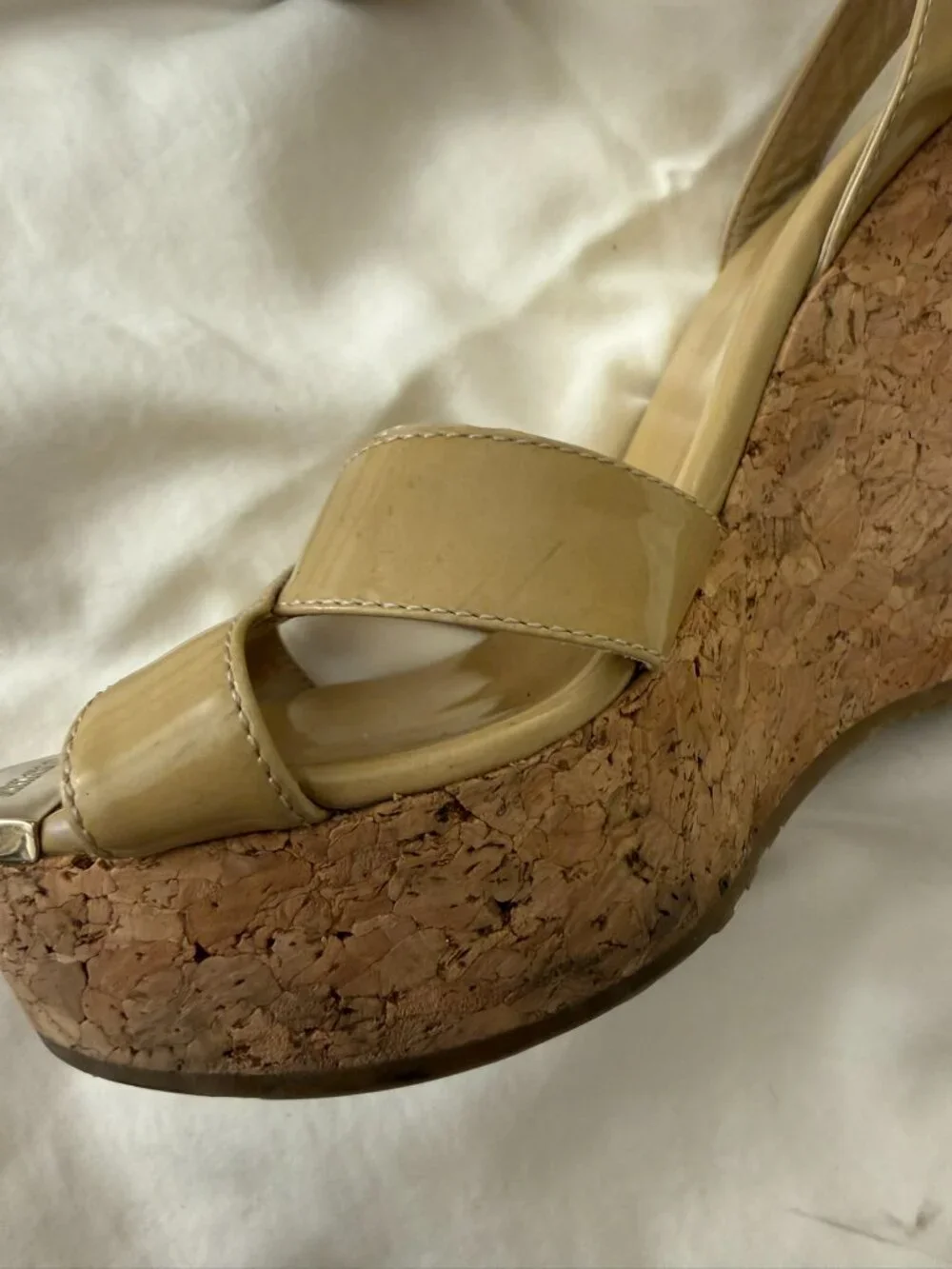 Jimmy Choo 'Papyrus' Nude Patent Leather Cork Wedges Heels Shoes Sandals Size 39